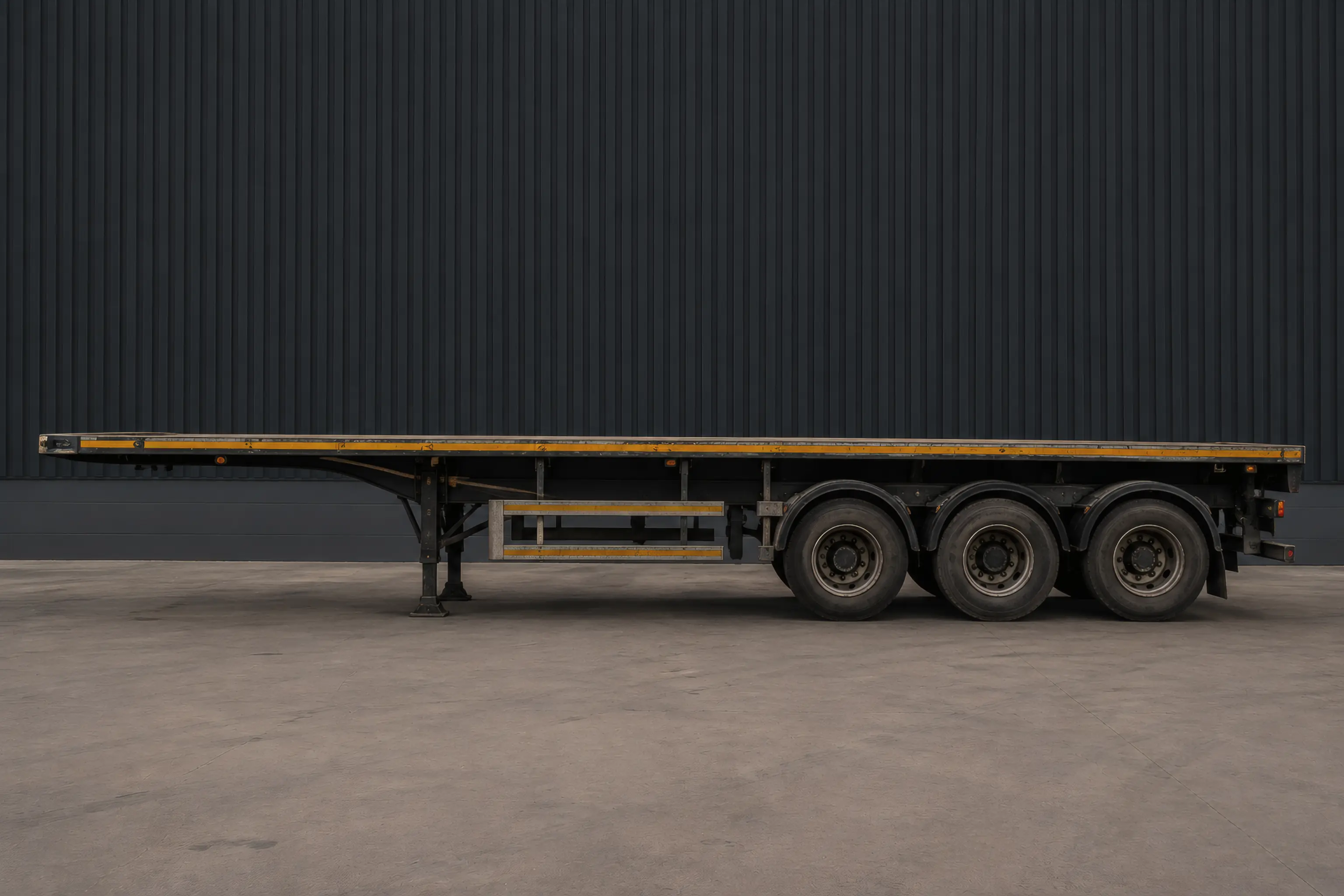 A tri-axle flat-deck trailer standing uncoupled on its own landing legs, photographed side on against the same yard wall.