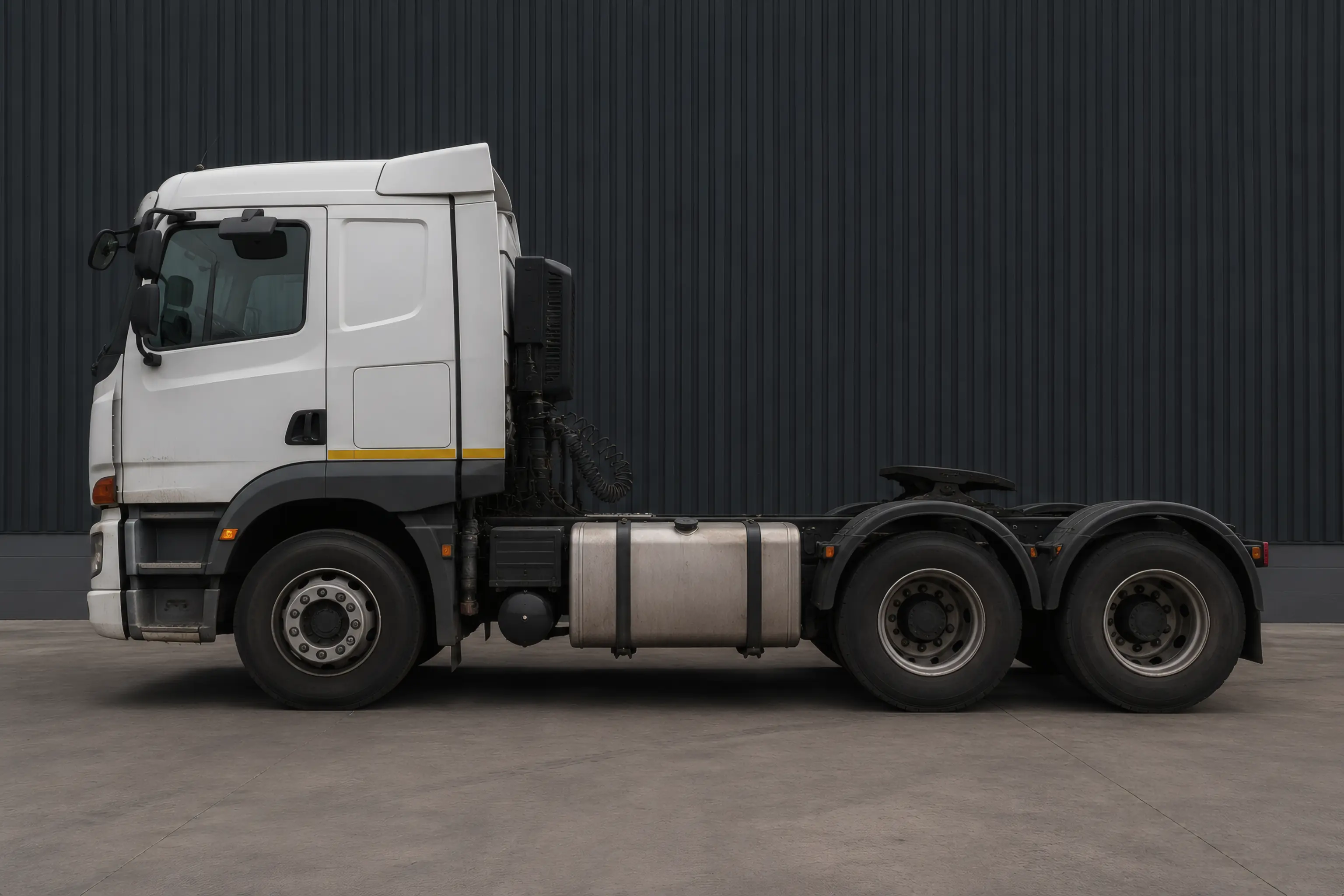 A white six-wheel truck-tractor photographed side on against a dark corrugated yard wall.