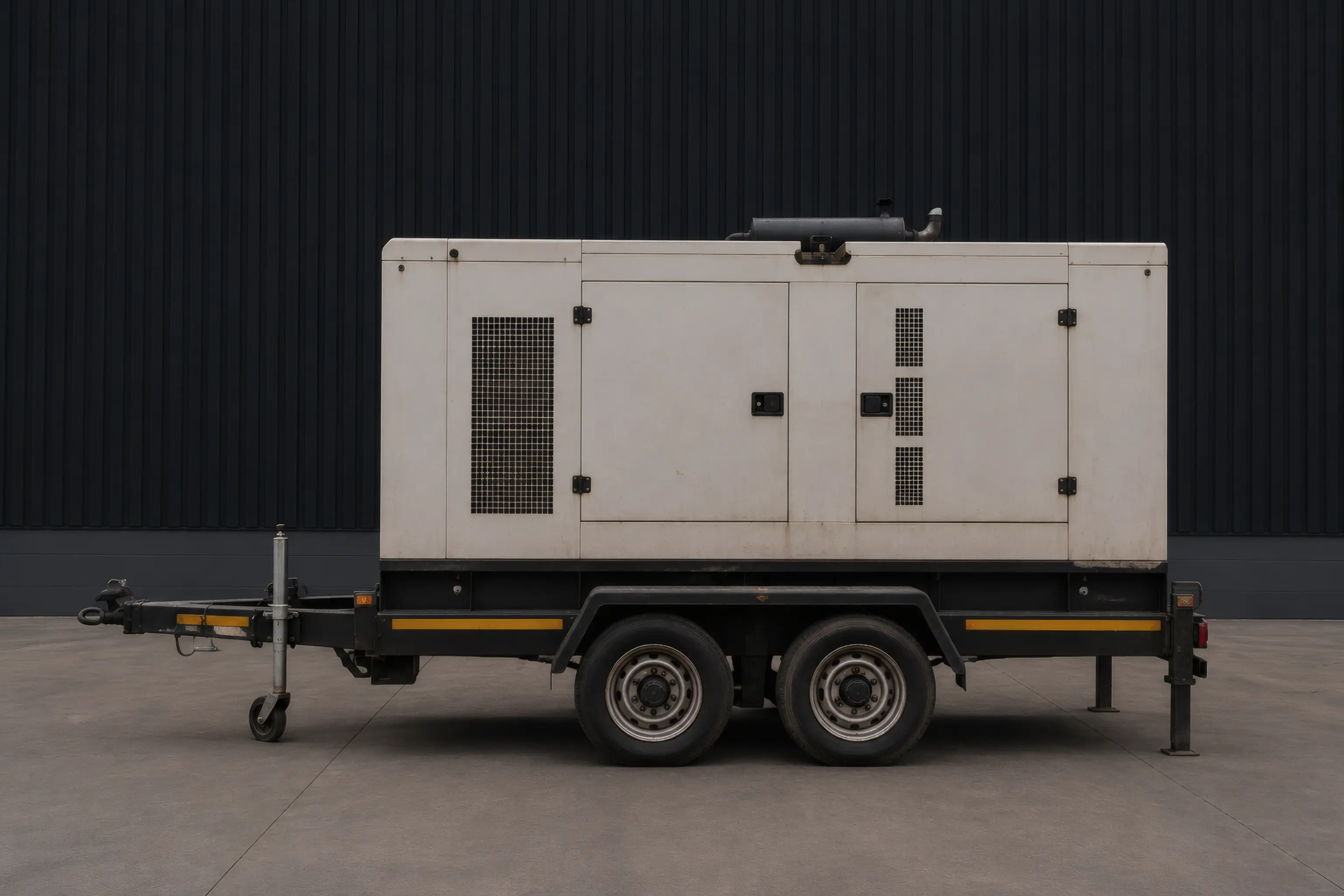 A skid-mounted generator on a twin-axle towable trailer, photographed side on against the same yard wall.
