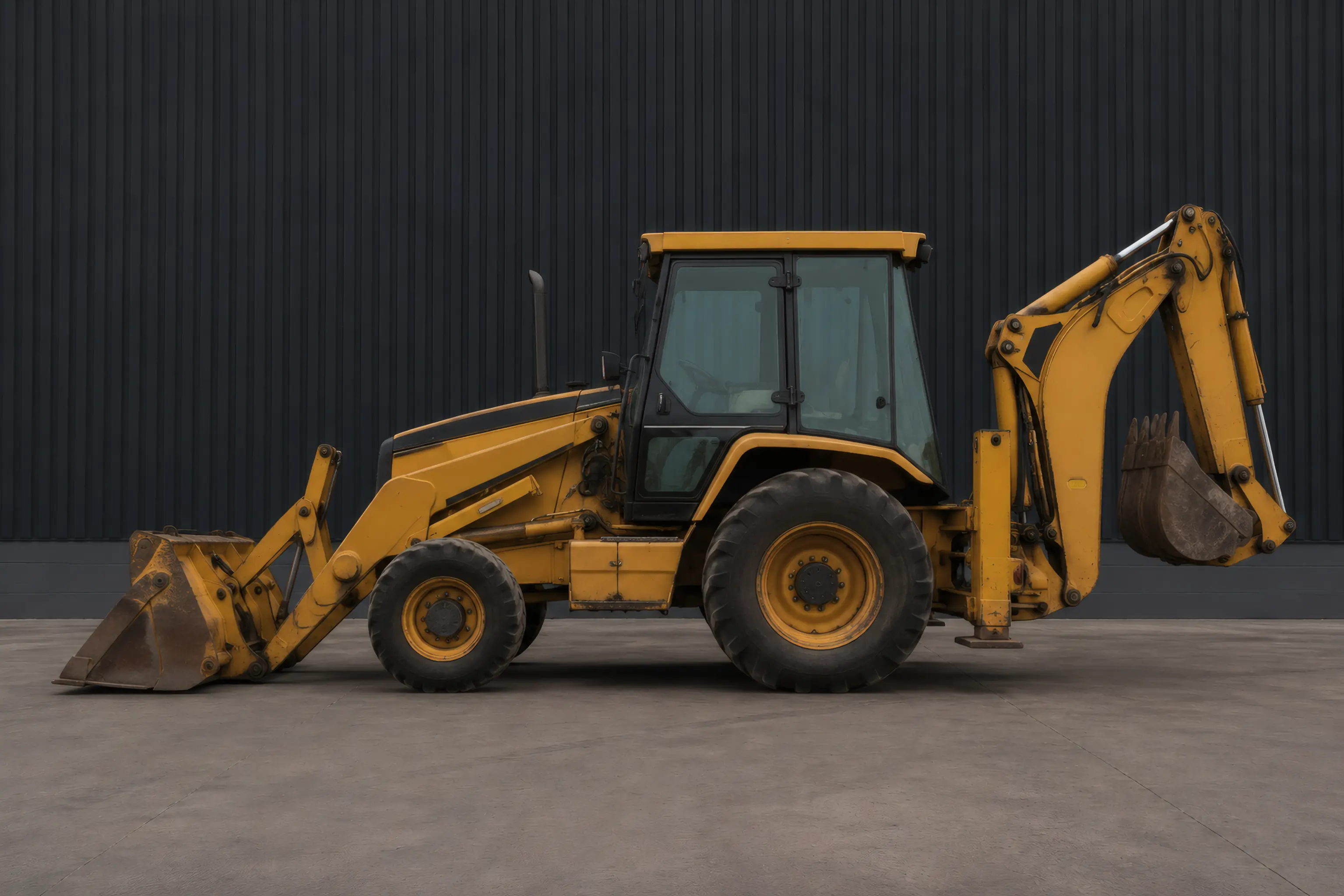 A yellow backhoe loader with front bucket and rear excavator arm, photographed side on against the same yard wall.