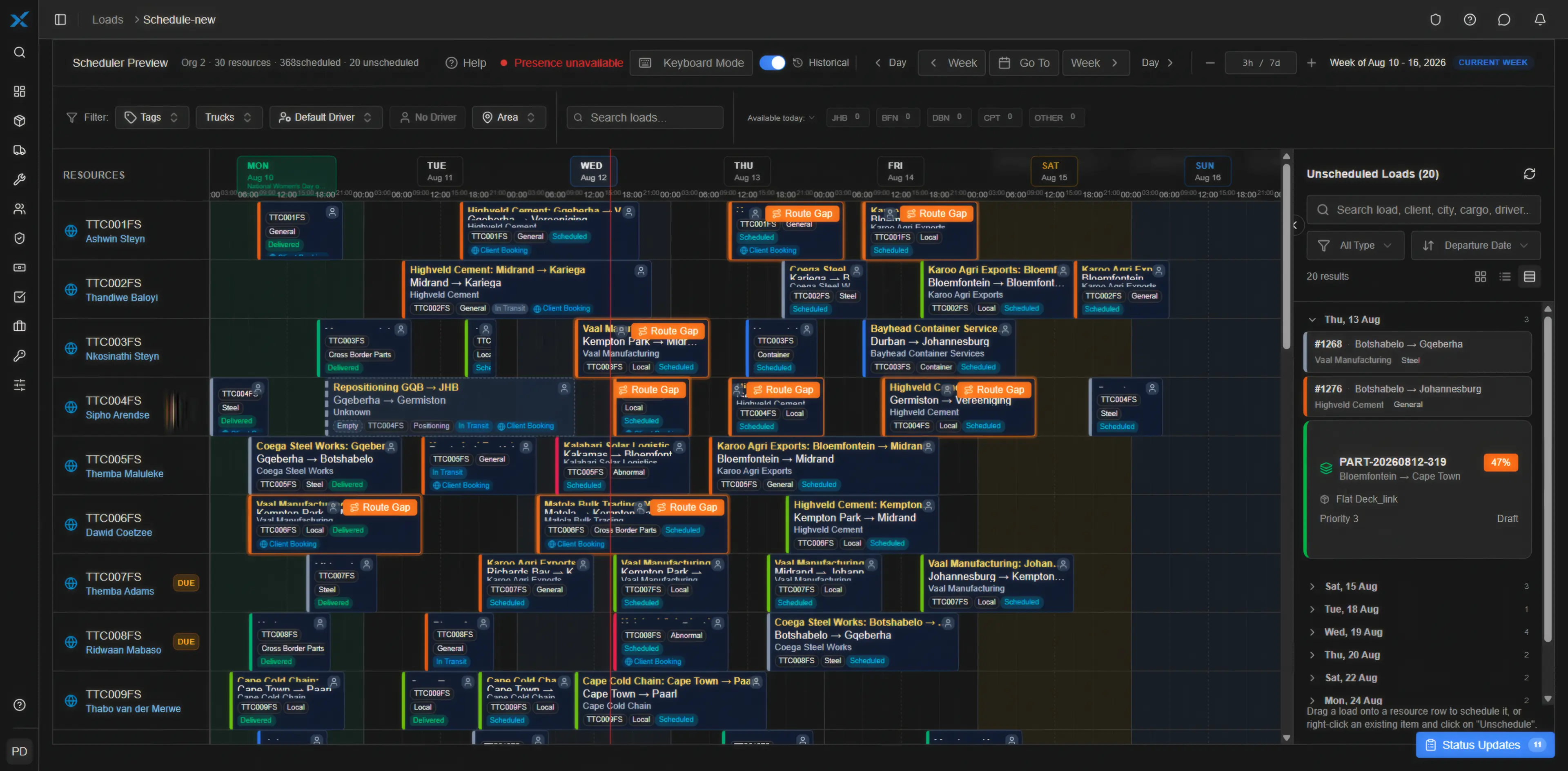 The scheduler timeline showing thirty truck rows across a week, each carrying colour-coded load cards with client, route and status, route-gap warnings on several cards, and an unscheduled-loads drawer on the right.