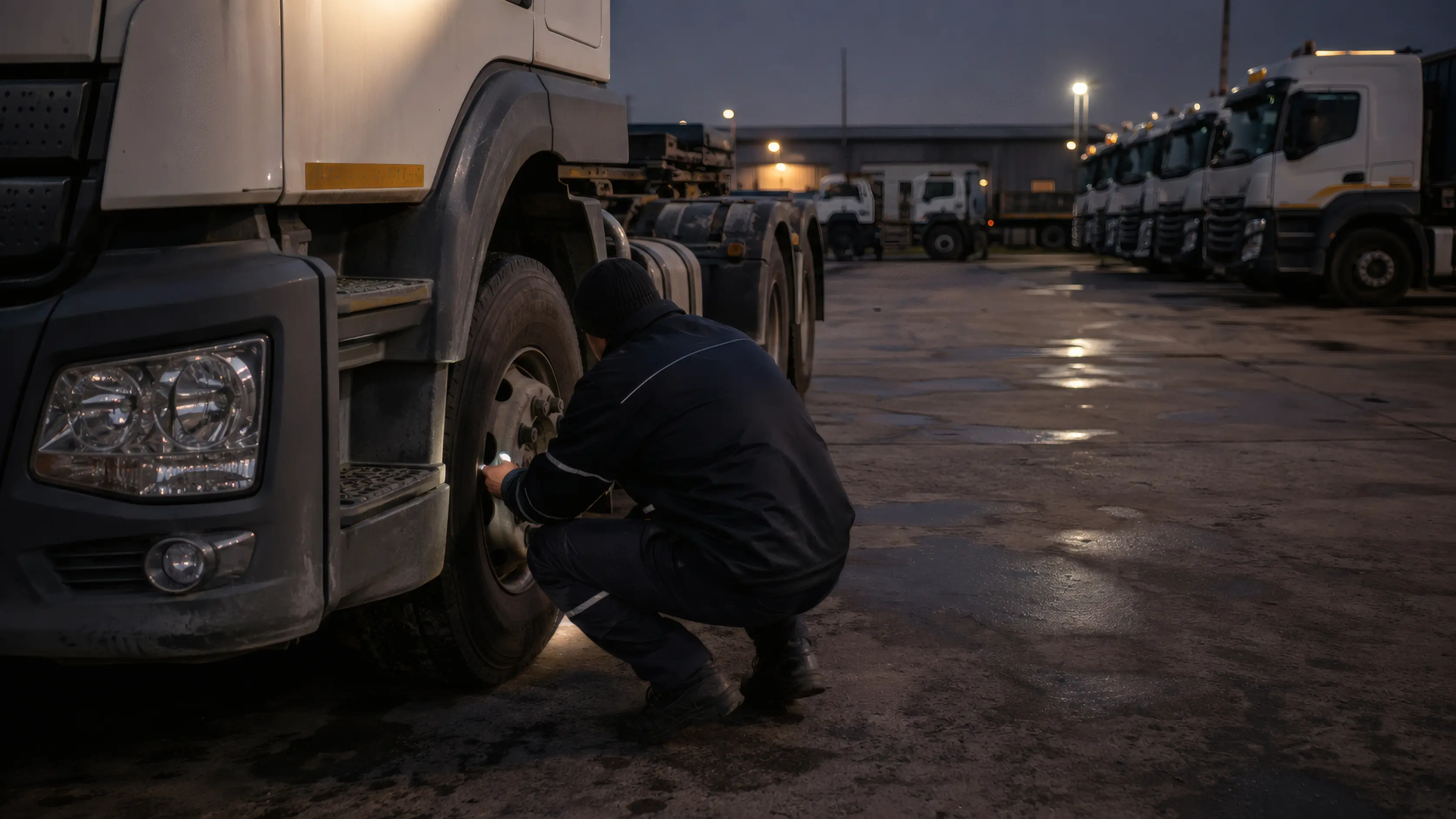 A driver crouched at the front wheel of a truck at dusk, checking it by torchlight, with a line of parked trucks behind on a wet yard.